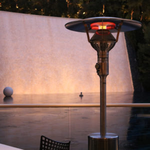 evenglo heater in outside patio by waterfall