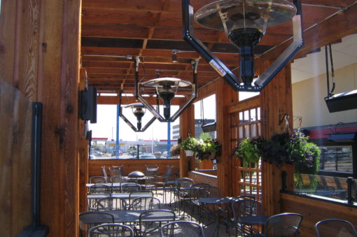 floating evenglo patio heaters in outside restaurant patio