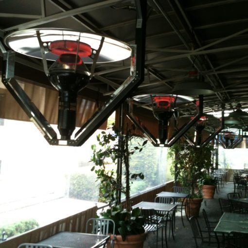 floating evenglo patio heaters in outside restaurant patio